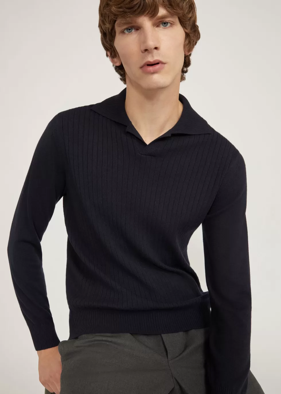 Knitwear*Loro Piana Aspen Polo Shirt Navy Blue