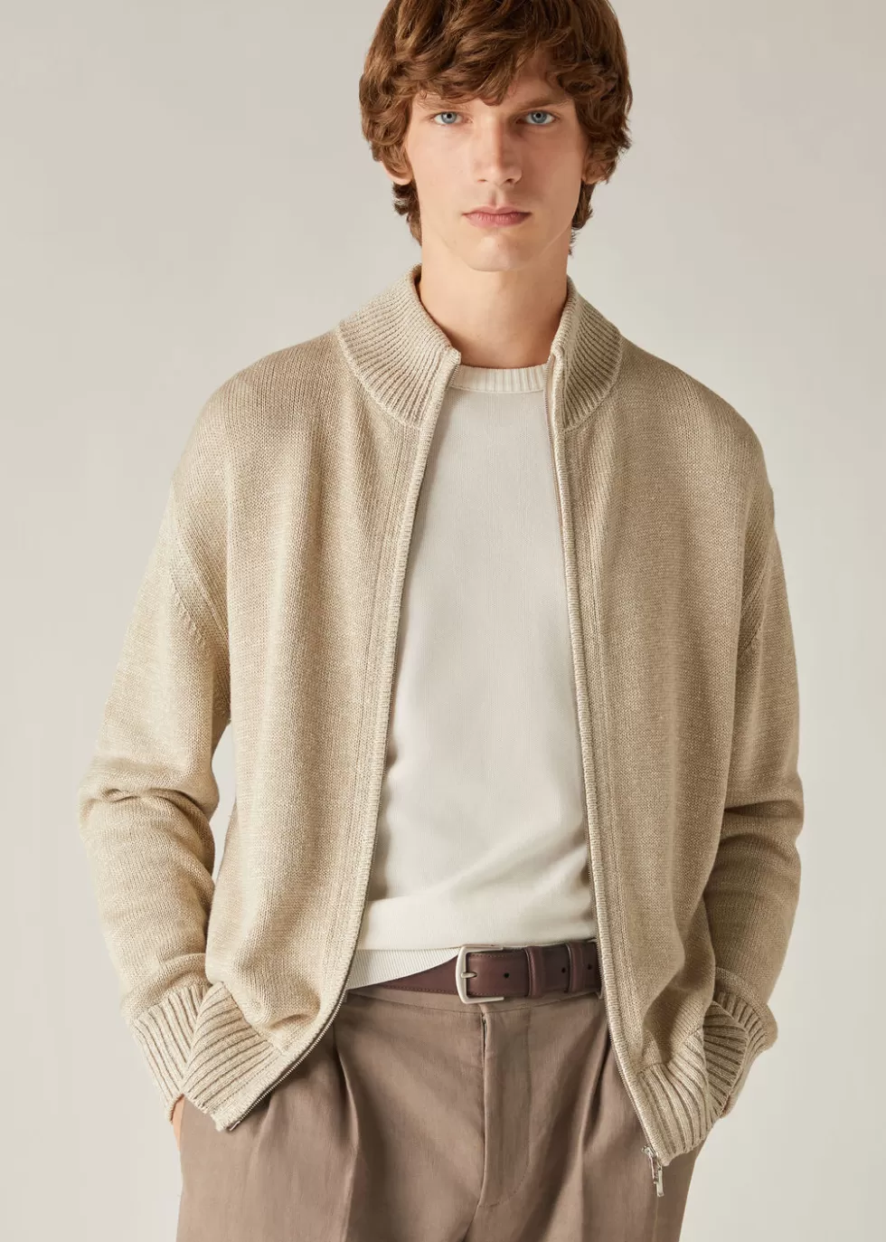 Knitwear*Loro Piana Axie Bomber Jacket Raw Linen/Beige/White