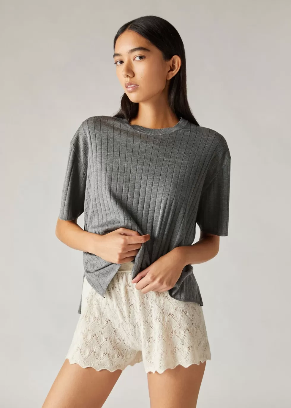 Knitwear*Loro Piana Cocooning Fluid T-Shirt Med Grey Mel