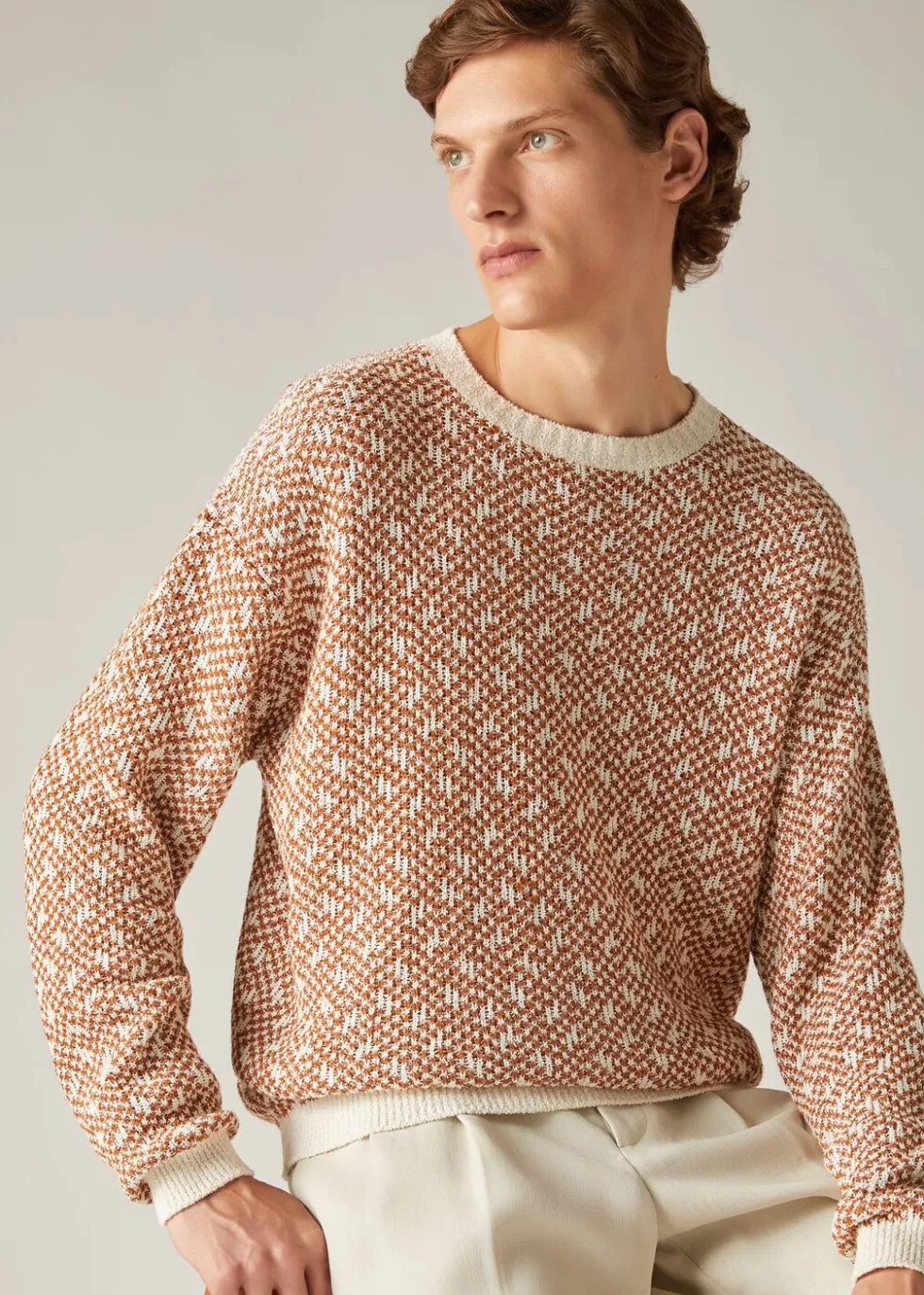 Knitwear*Loro Piana Gelso Crew Neck White/Kummel Jacquard