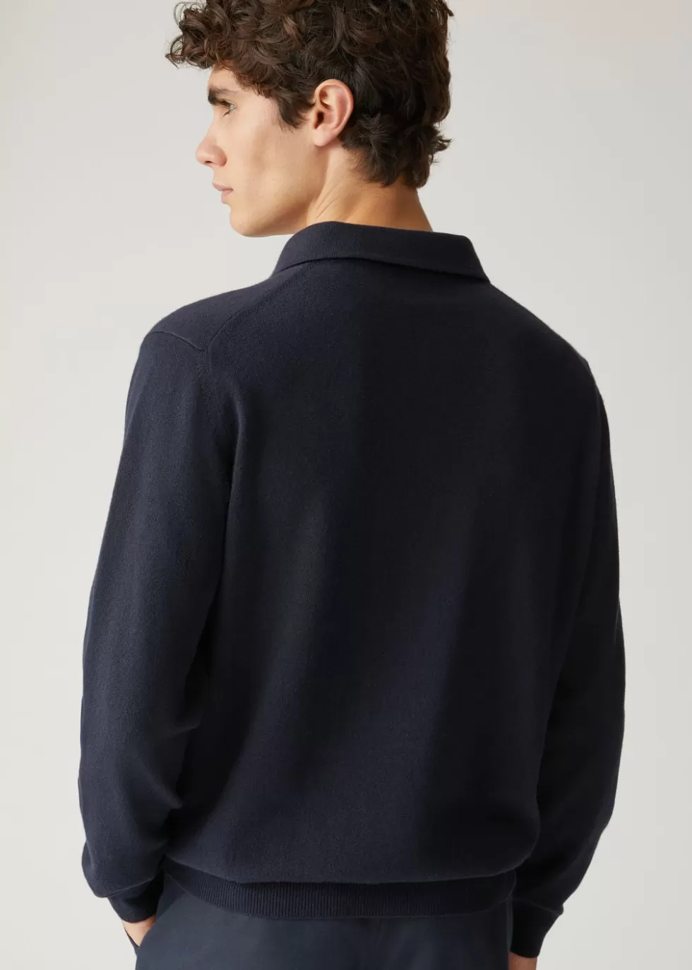 Knitwear*Loro Piana Open Polo Shirt Navy Blue