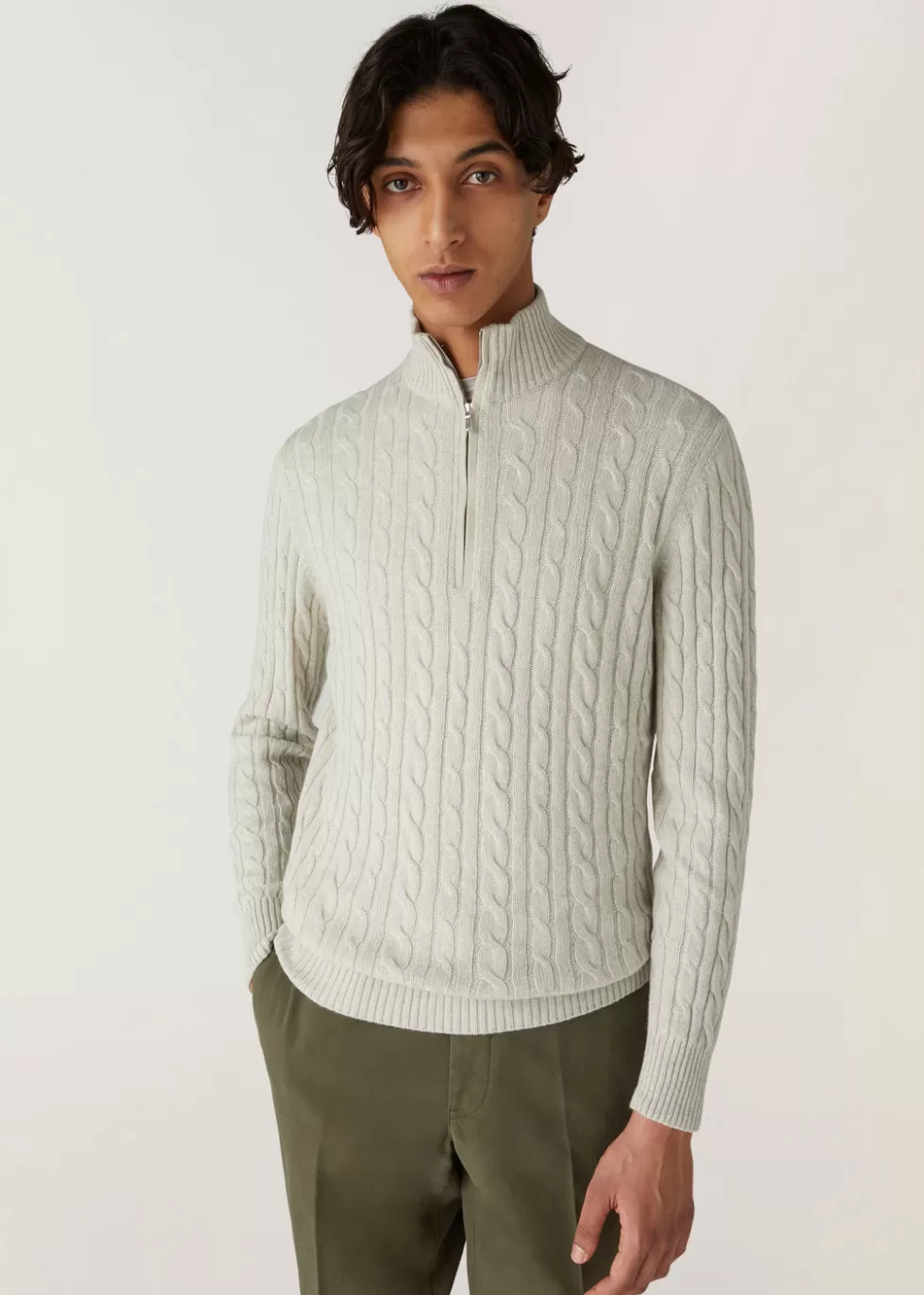 Knitwear*Loro Piana Treccia Mezzocollo Sweater Silver Melange/Natural Melange