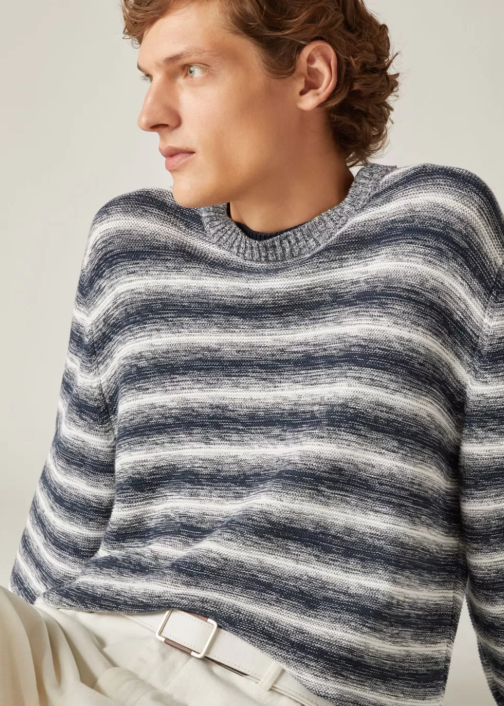 Knitwear*Loro Piana Vernazza Crew Neck White/Dark Sea Mouline'